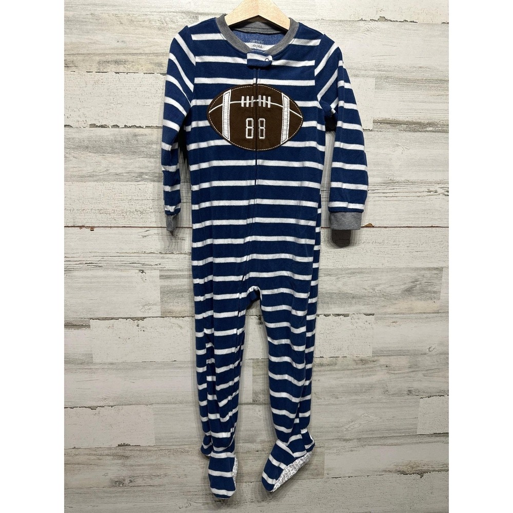 Carter's Footed Pajamas Boys 4T Navy Blue Striped Football Fleece EUC